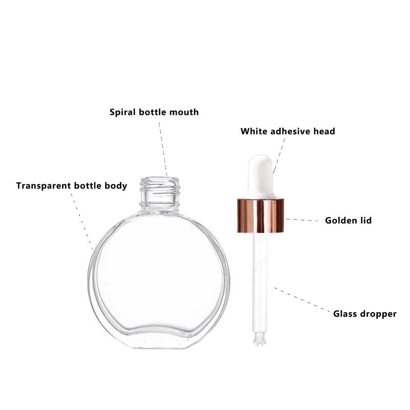 PYAWI 6Pcs 2 oz Glass Dropper Bottles for Essential Oils 60ml Clear flat round perfume bottle with Droppers for Oils  Perfumes  Serums Leakproof for Travel (Clear/Rose Gold) - Image 2